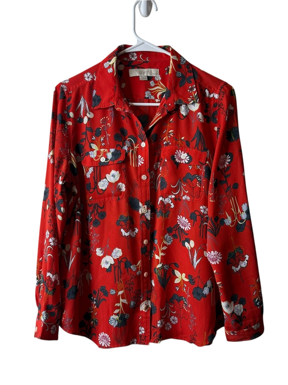 Loft Red floral Button Front Long Sleeve Blouse